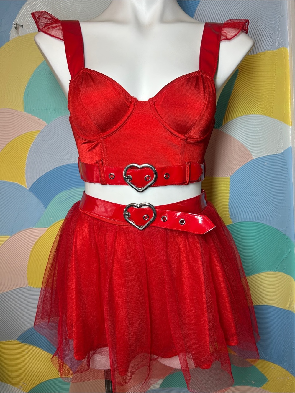 Sugar Thrillz Red Heart-Buckle Two-Piece Bustier & Tulle Skirt Set sz S